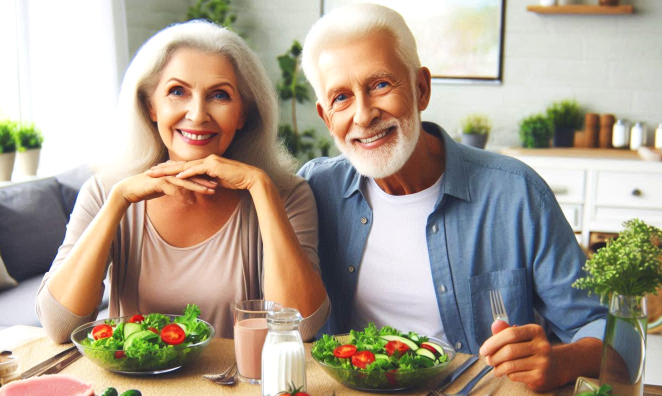 A man and woman eating a salad at a table